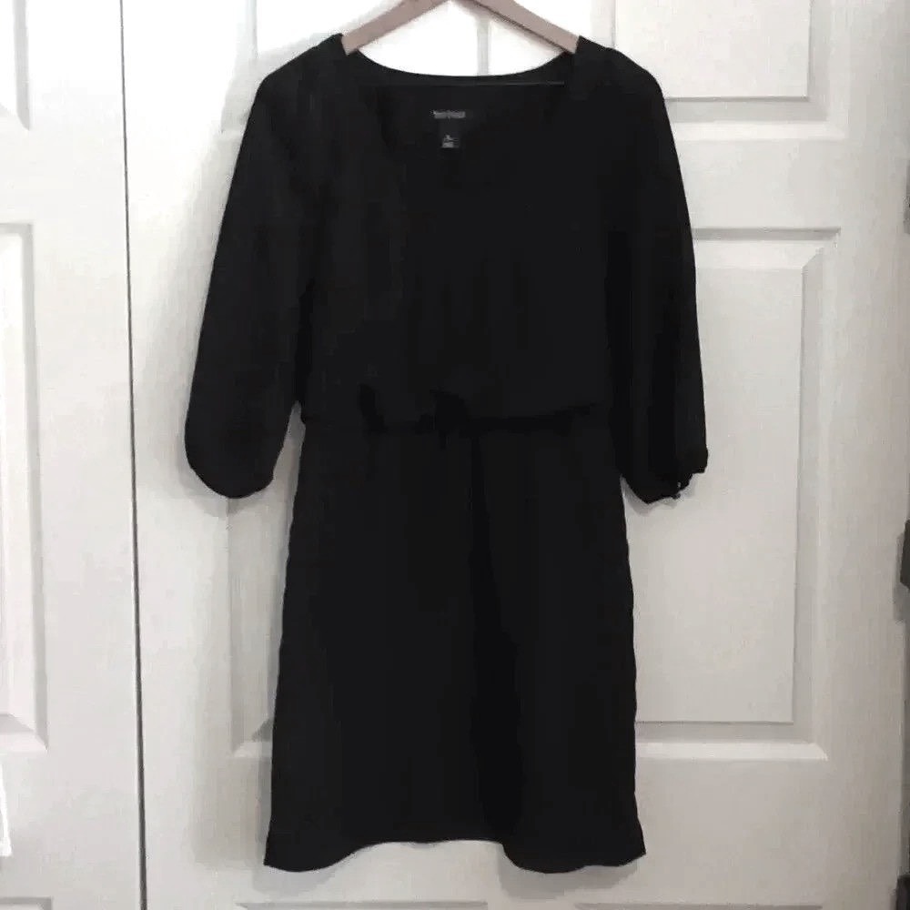 White House Black Market Women Dress Black Size S 3/4 Puff Sleeve Scoop Neck